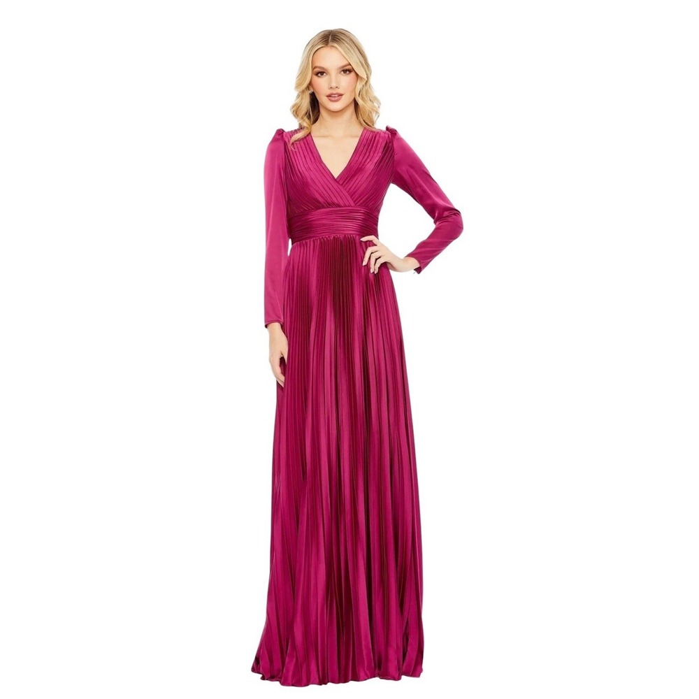 Mac Duggal 26542 Magenta Pleated Satin Long Sleeve Empire Waist Gown Size 8 $458